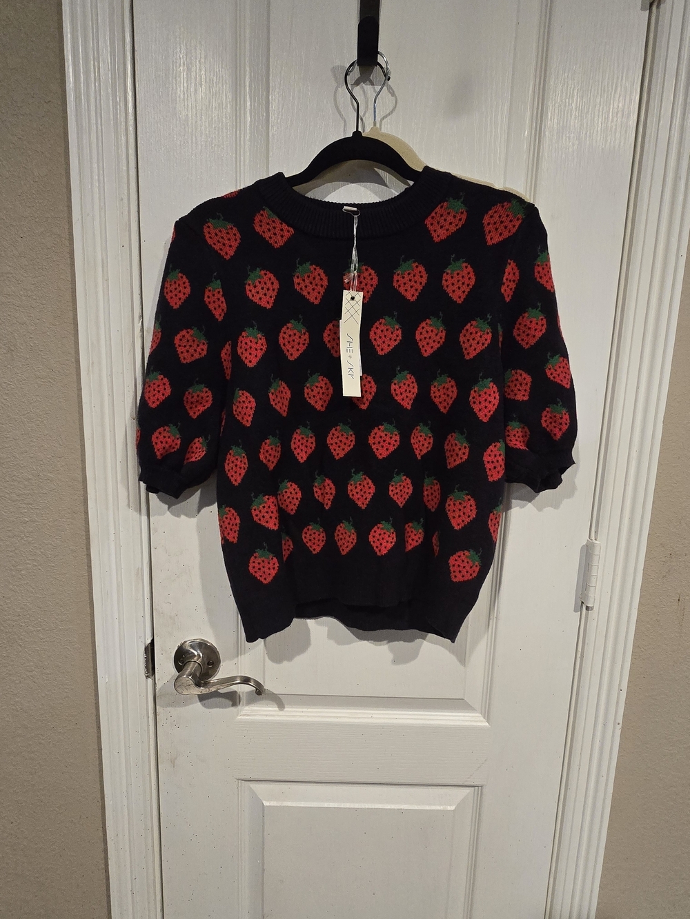She + Sky Black Crewneck Sweater with Red Strawberry Motif